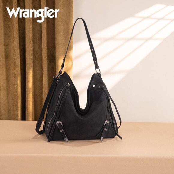 Elegant Wrangler Large Black Hobo Bag with Buckle Detail & Quick-Access Pockets - Picture 8 of 8